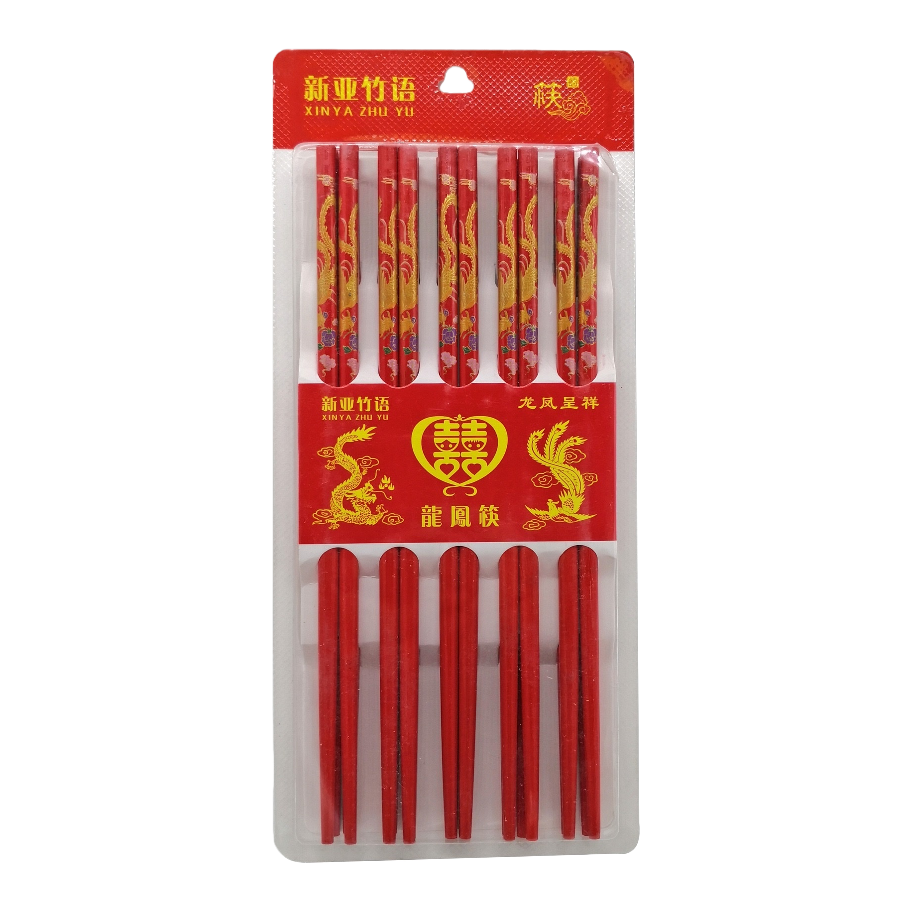 红色龙凤图案筷子套装白底实物图