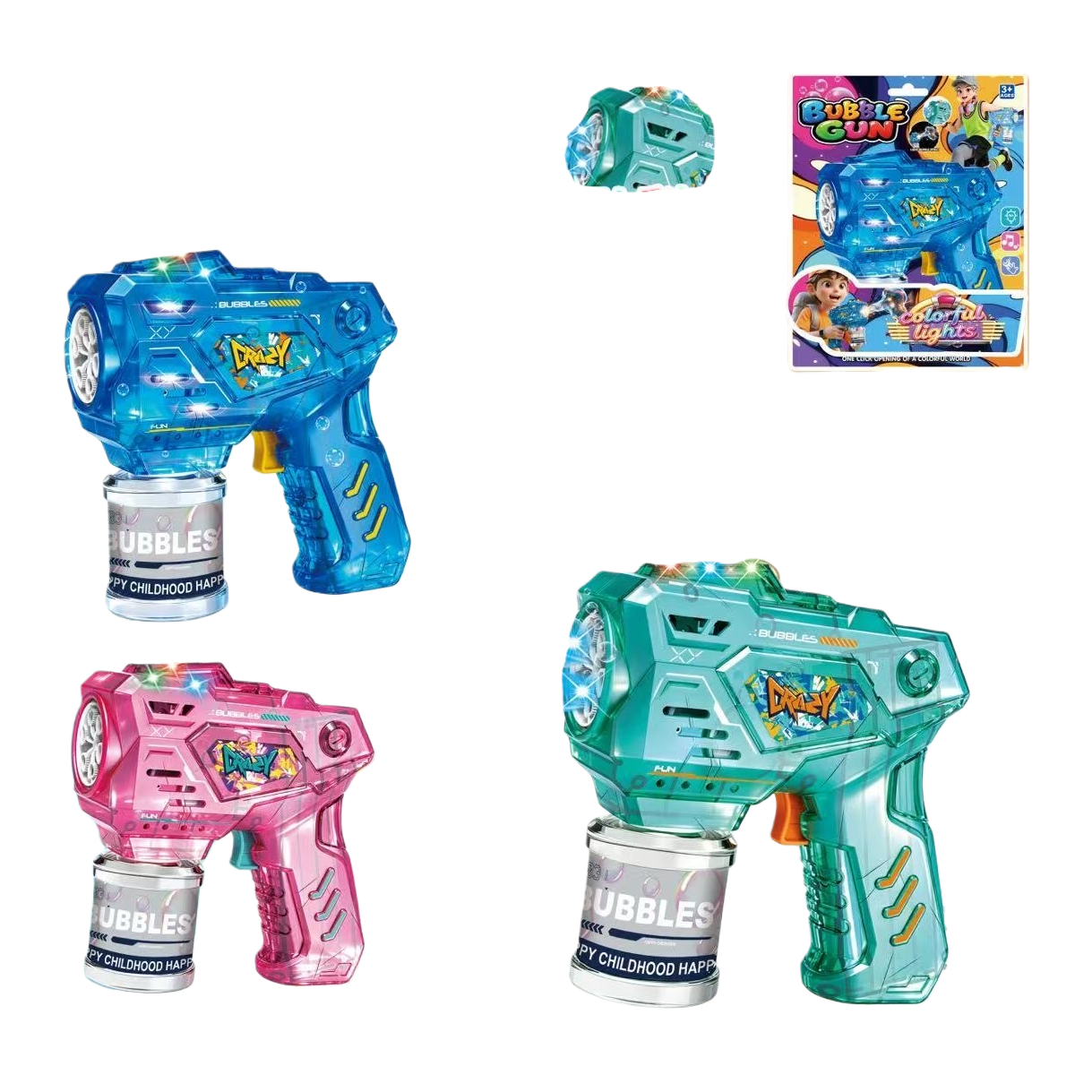 The mixed blue, pink and green versions of the seven-color bubble gun with circulating seven-color light bubble effect, 13cm x 6cm Item Picture