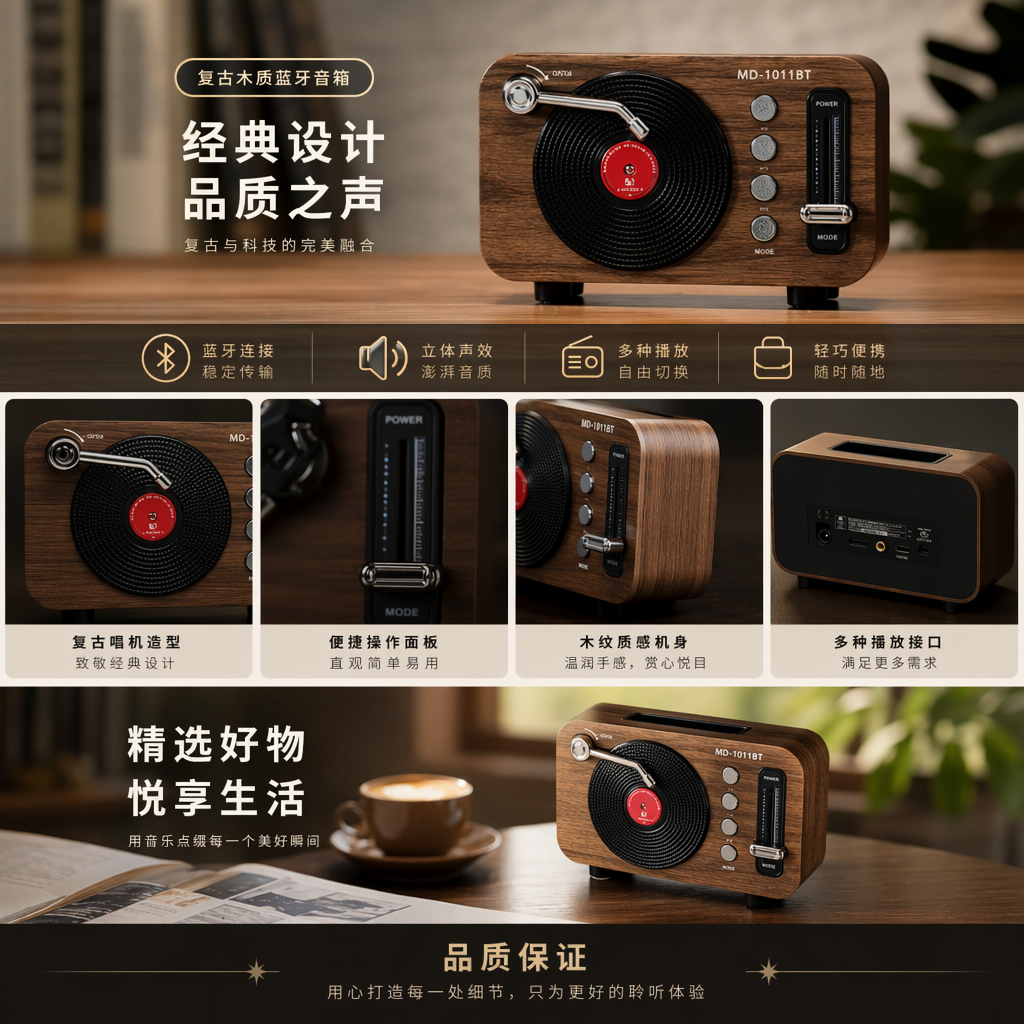 复古风格蓝牙音箱 MD-1011BT 便携桌面音响 低音炮立体声详情1