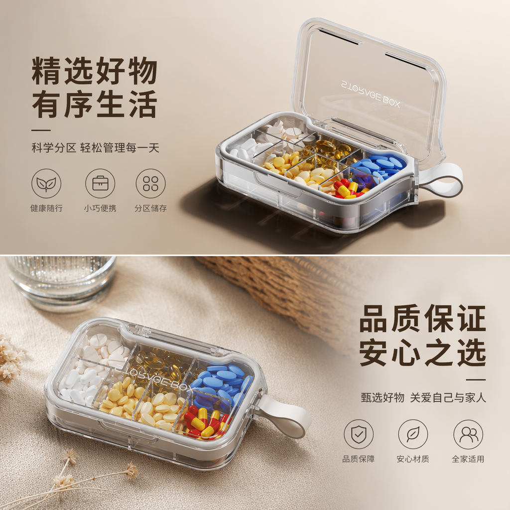 烟雨灰简约药盒家用分装收纳盒便携式药品整理盒详情1