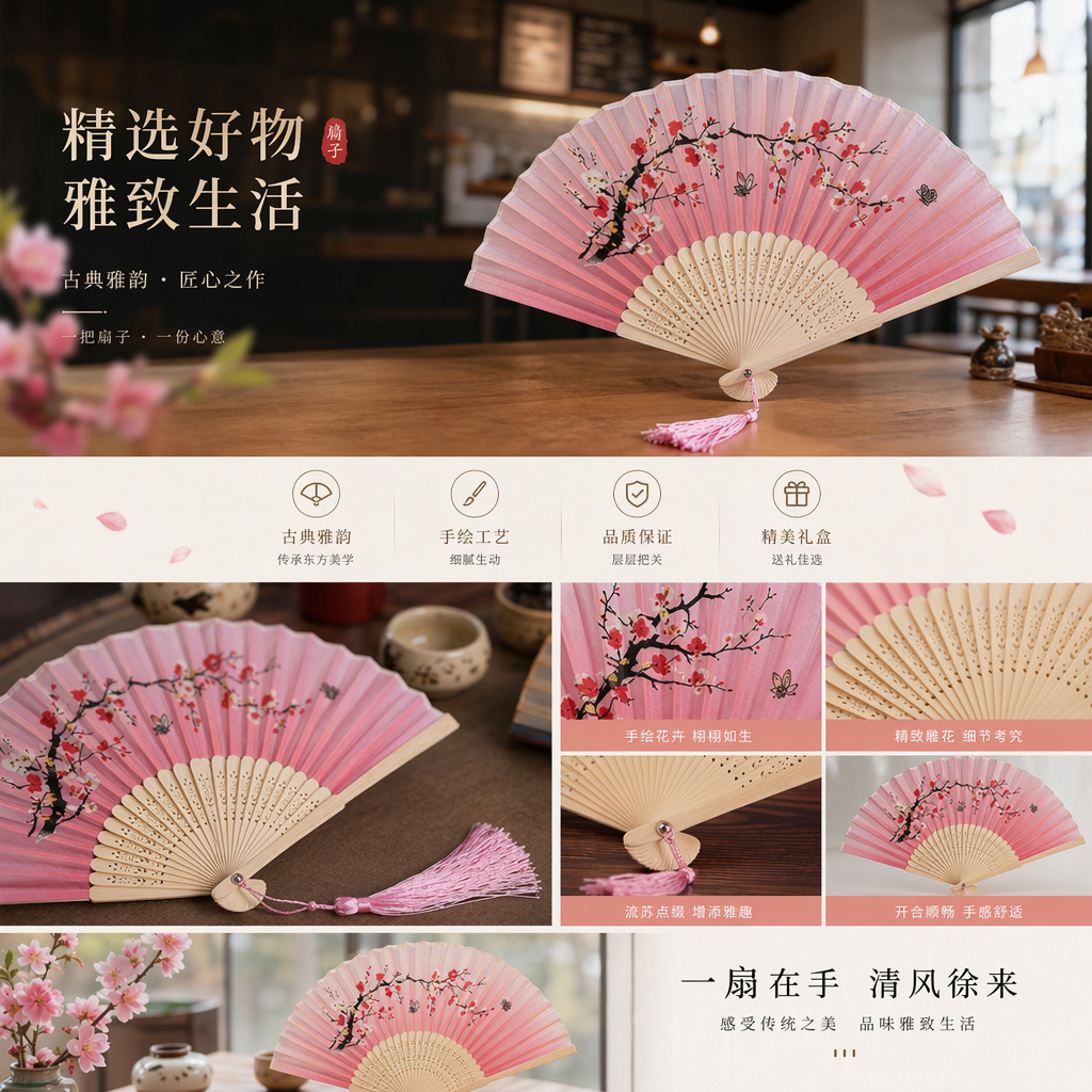 粉色梅花图案折扇 手工竹骨团扇 夏日古风纳凉扇详情1