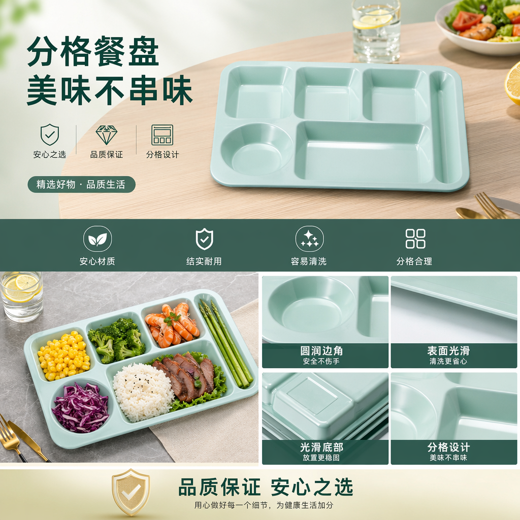 浅绿色分格餐盘主体 家用厨房餐具收纳整理盘详情1
