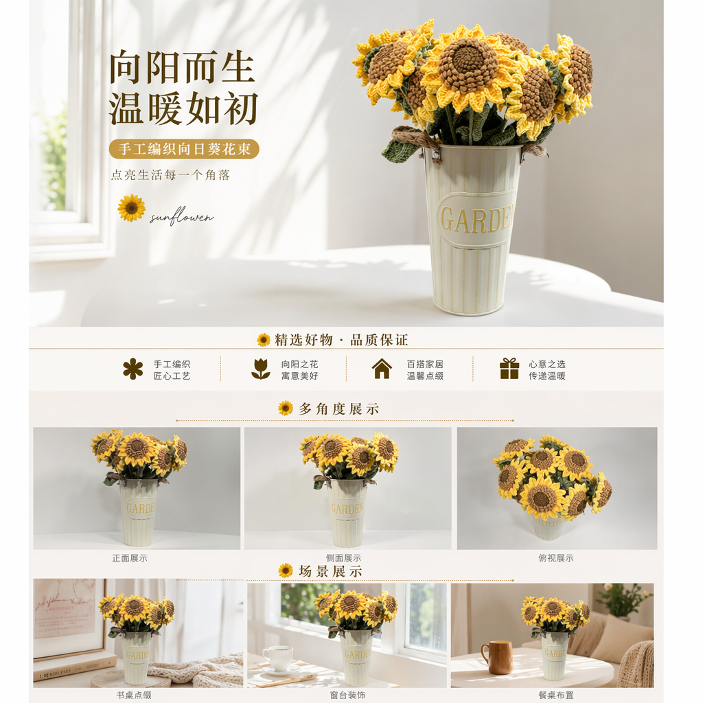 手工编织毛线花向日葵花束仿真花装饰家居客厅阳台钩织针织花束详情1