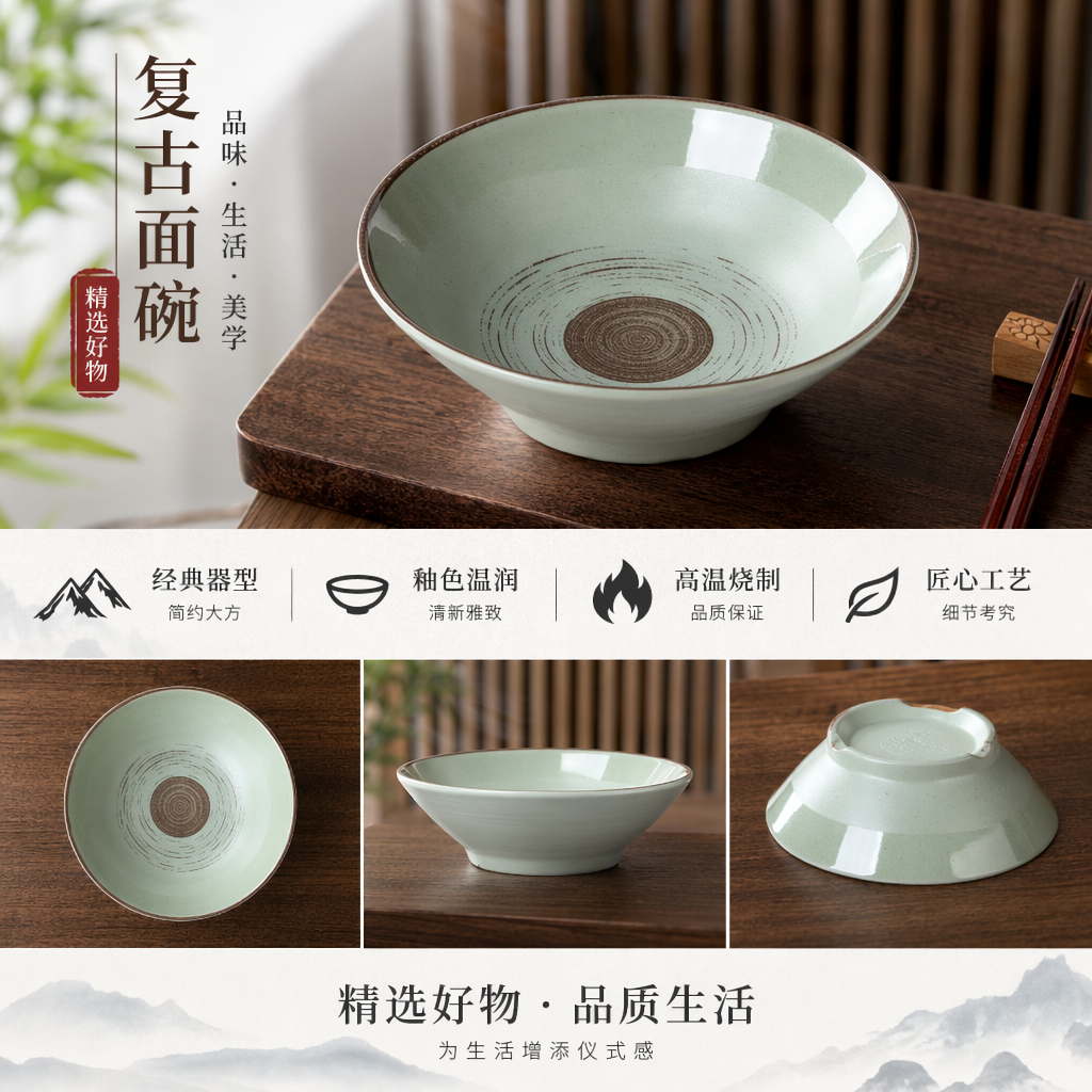 复古面碗 碗 陶瓷大容量家用日式简约汤碗拉面碗详情1