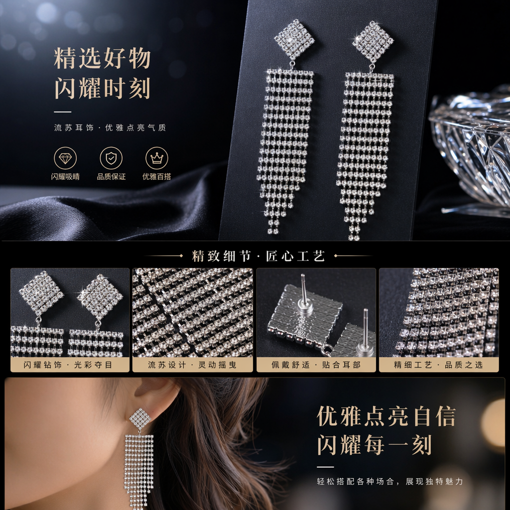 闪亮水晶耳环 镶嵌合金材质 轻盈防过敏日常佩戴详情1