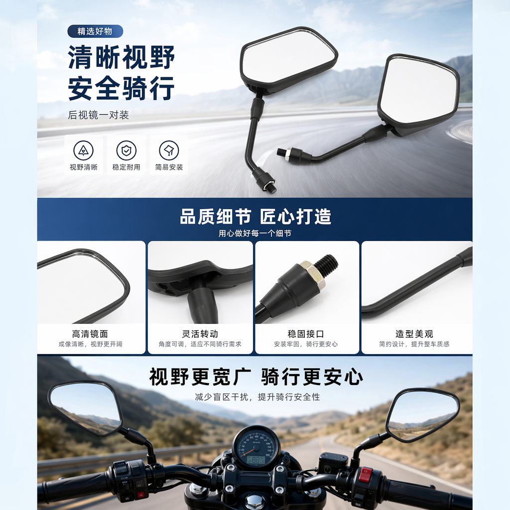 摩托车专用后视镜 左右双镜套装 防水防抖高清广角详情1