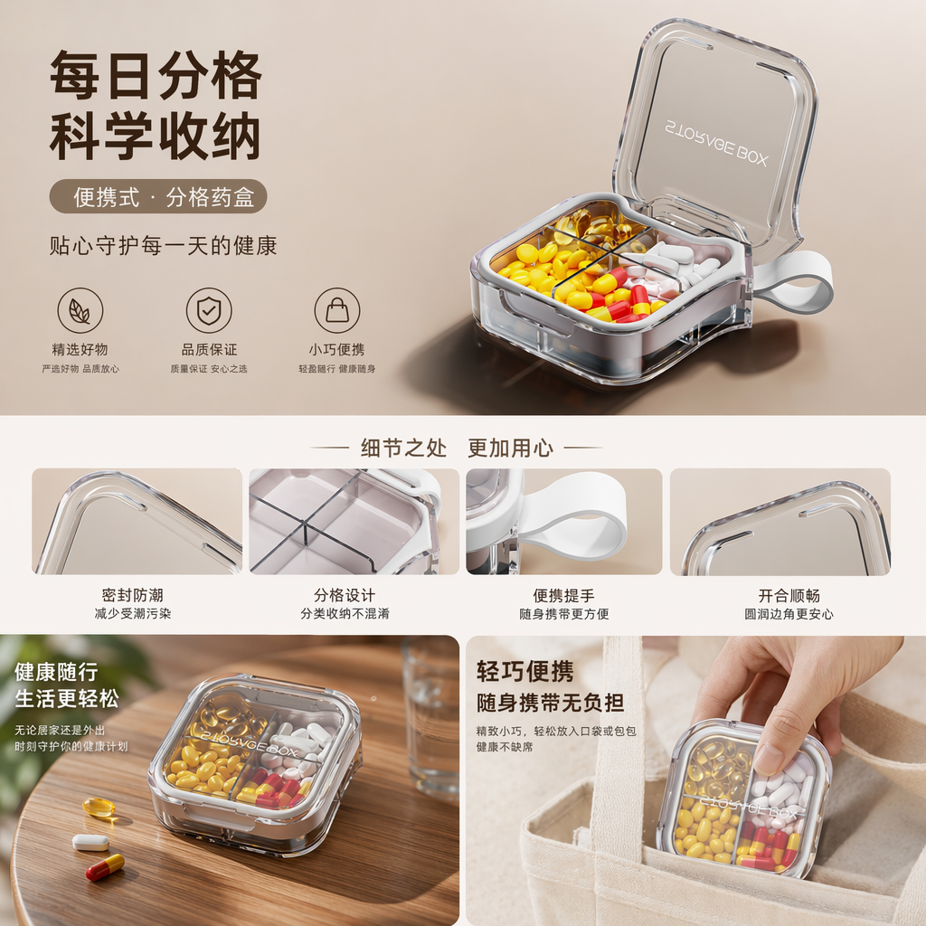 烟雨灰简约药盒家用分装药盒便携式收纳盒详情1