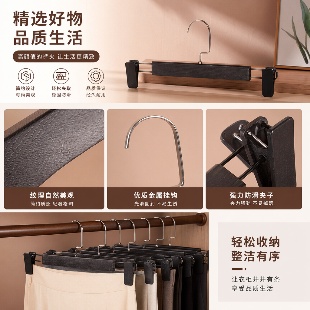 黑色木纹裤夹 金属防滑裤夹 家用晾衣夹 多功能夹子详情1