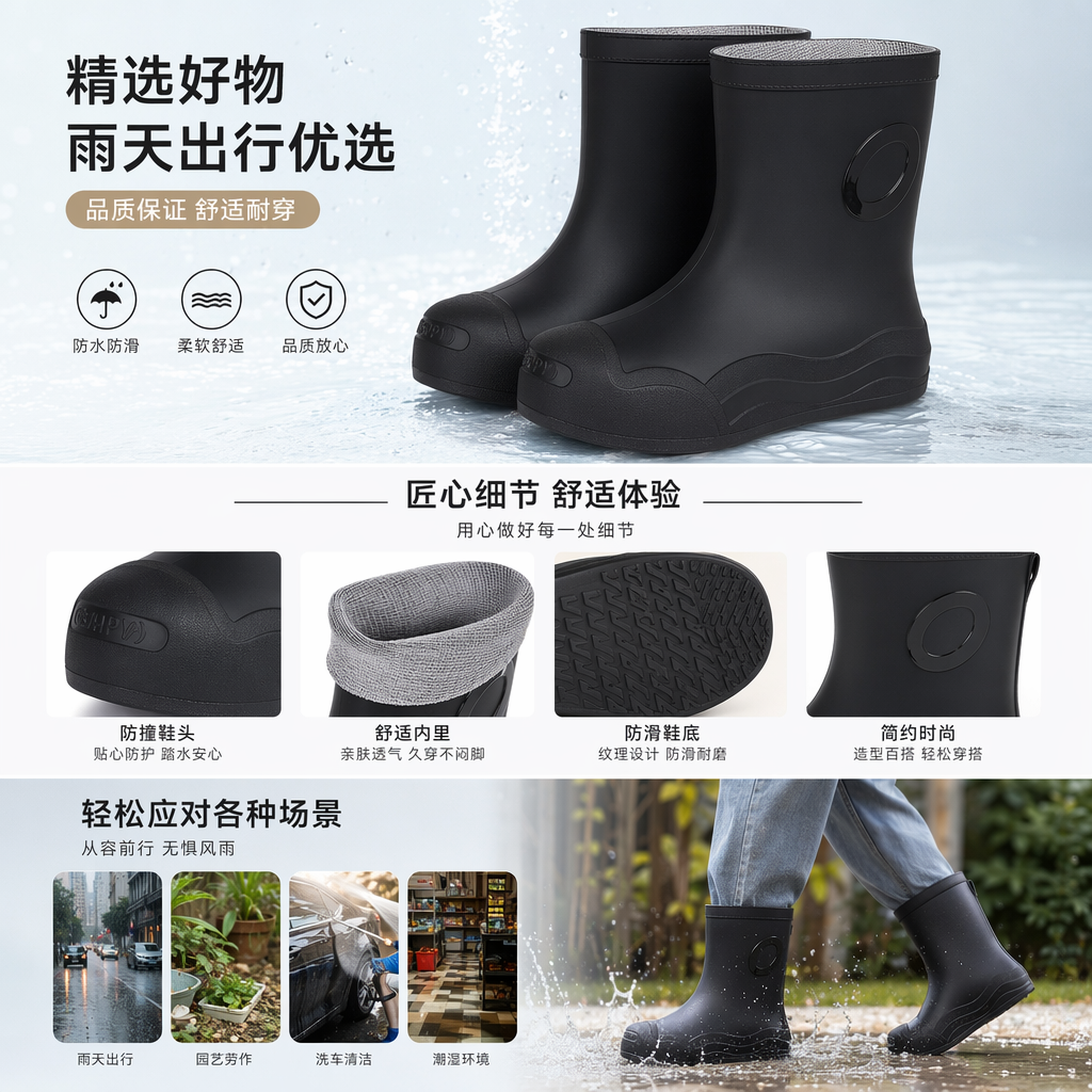 黑色短筒雨靴20CM光滑鞋面圆形装饰防滑底网纱内里详情1