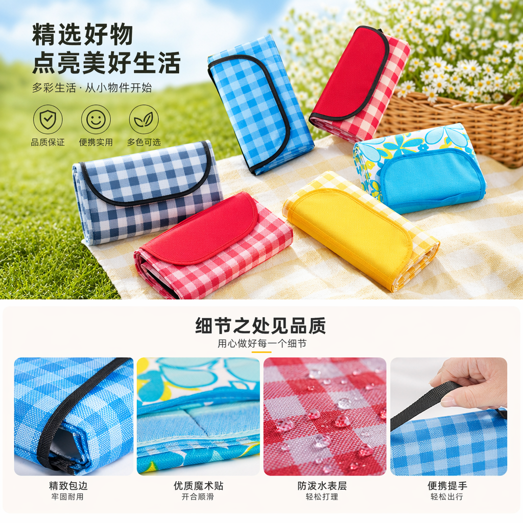彩色格子图案野餐垫 防水防潮便携式户外露营垫详情1