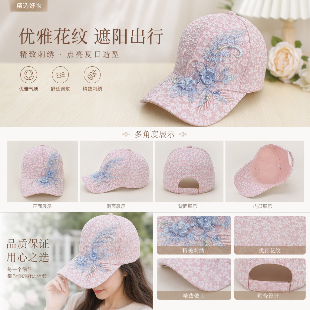 粉色刺绣棒球帽 时尚百搭休闲遮阳帽 女款春夏新款详情1