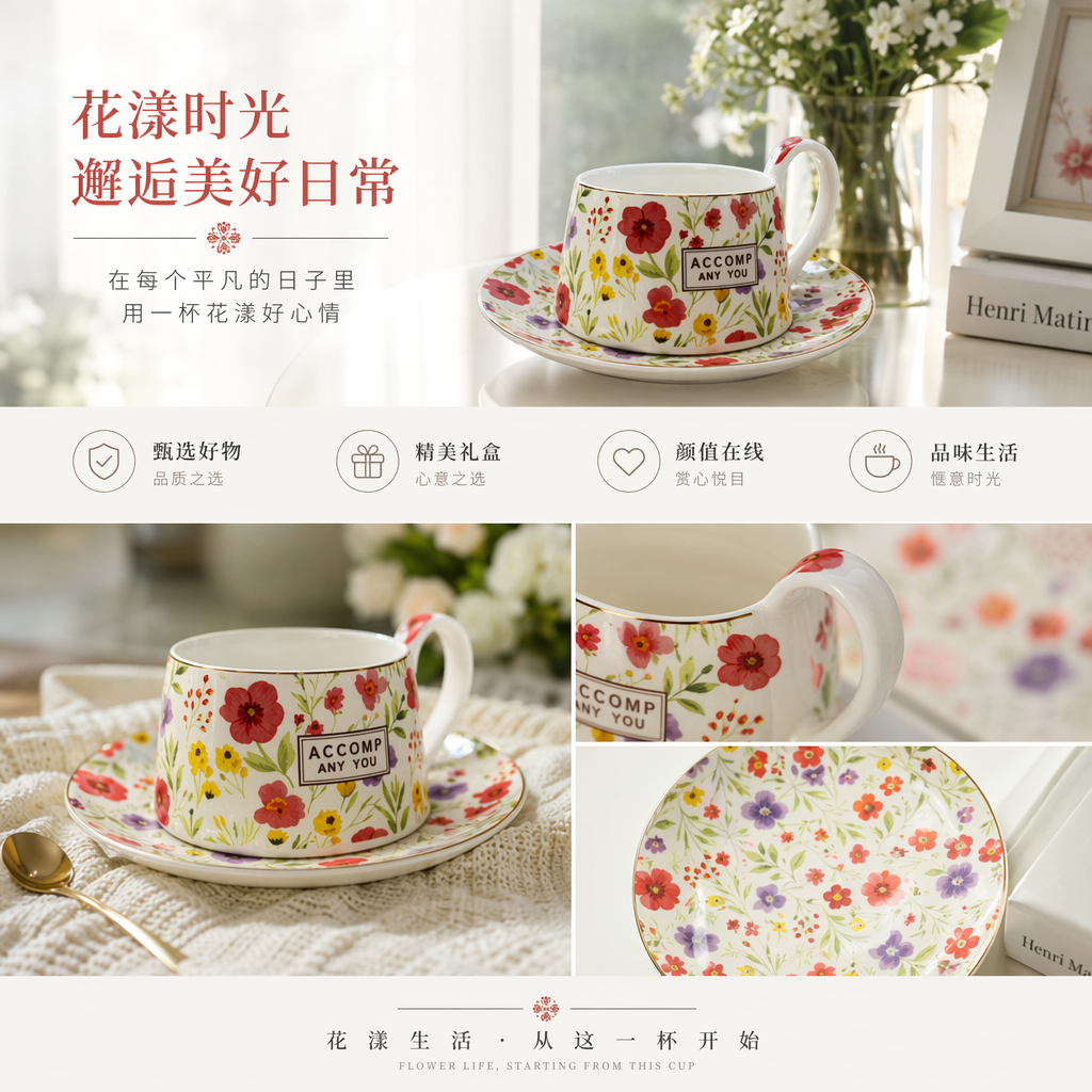 花卉图案茶杯和茶托套装 陶瓷家用咖啡杯下午茶详情1