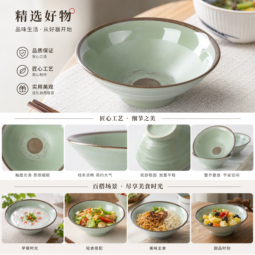 复古面碗 陶瓷宽沿深肚汤面碗 家用大容量盛面碗详情1