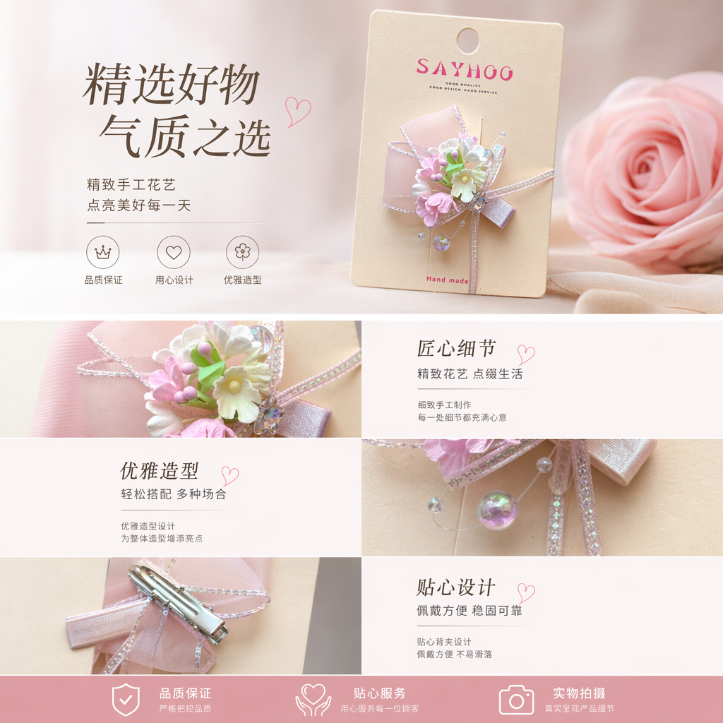 手工花饰发夹 仿真花朵头饰 女童成人通用 轻盈耐用详情1