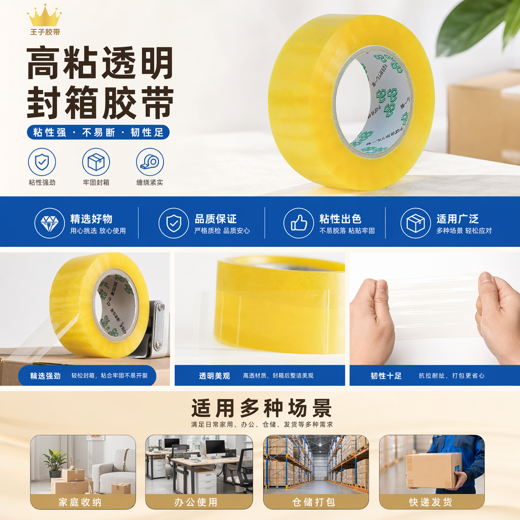 透明黄胶带 聚丙烯材质 防水耐磨 手撕不费力 50米长详情1
