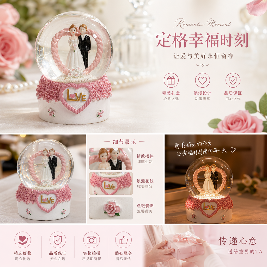 婚礼主题水晶球摆件 浪漫婚纱雪景音乐旋转装饰详情1