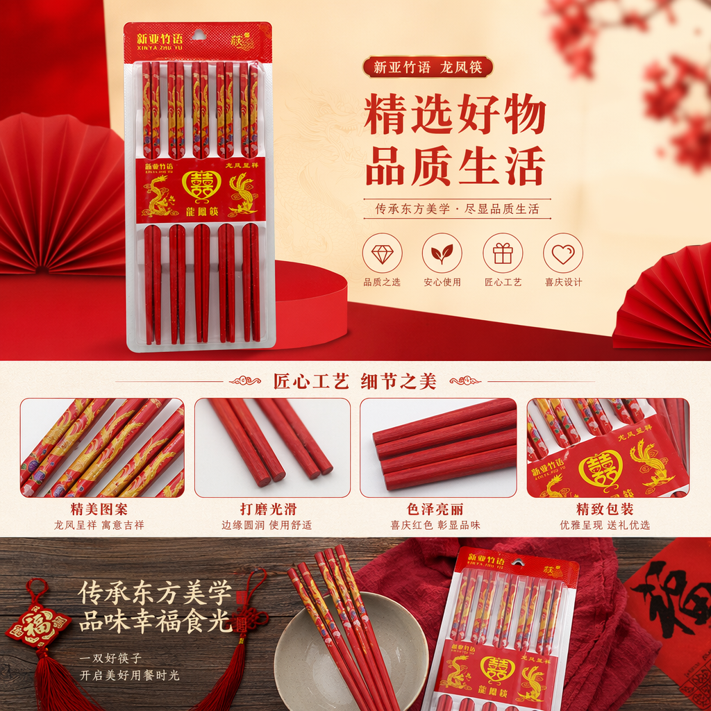红色龙凤图案筷子套装 筷子 礼盒装 木质中式婚庆餐具详情1