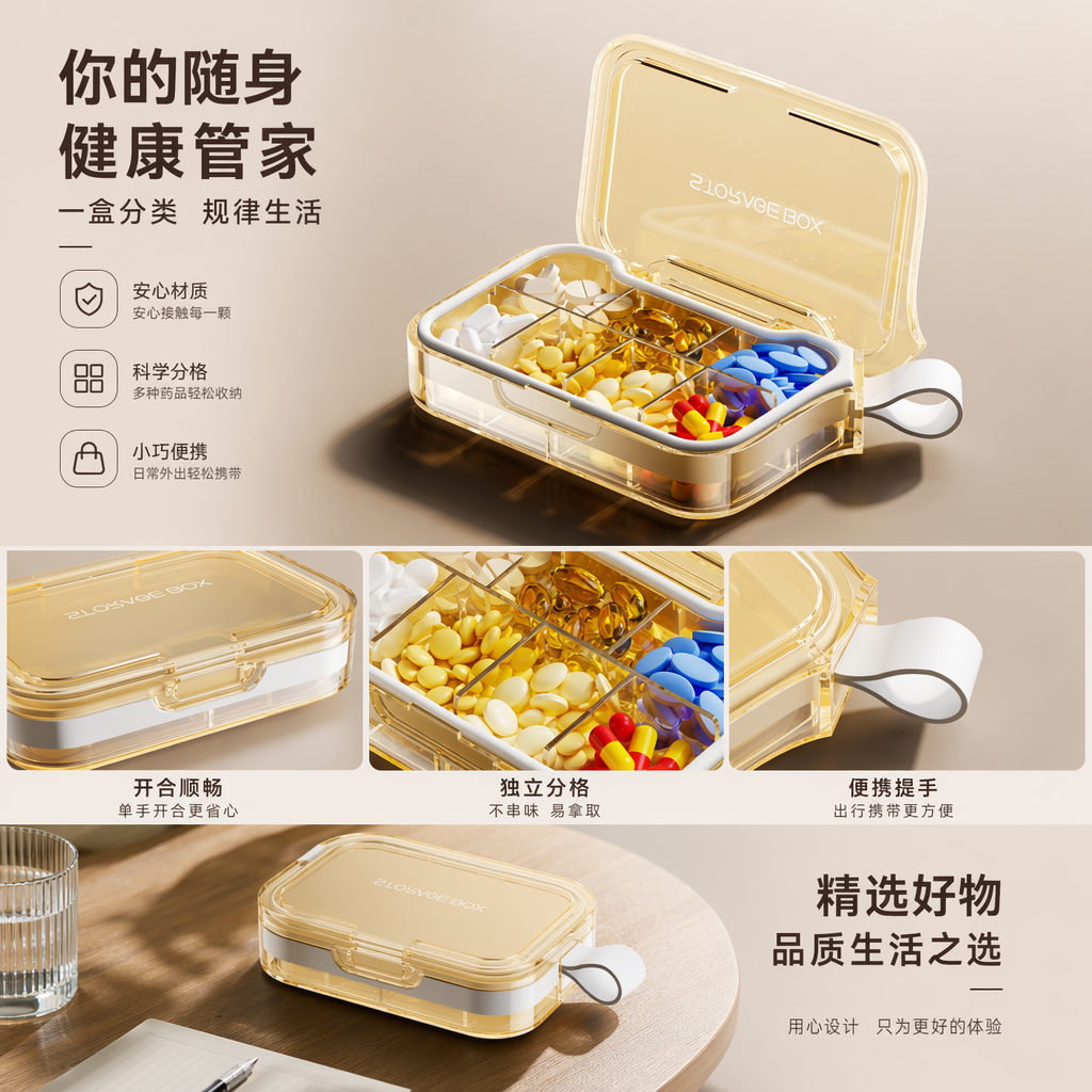 向日黄药盒家用便携式分装药盒七天格子药盒详情1