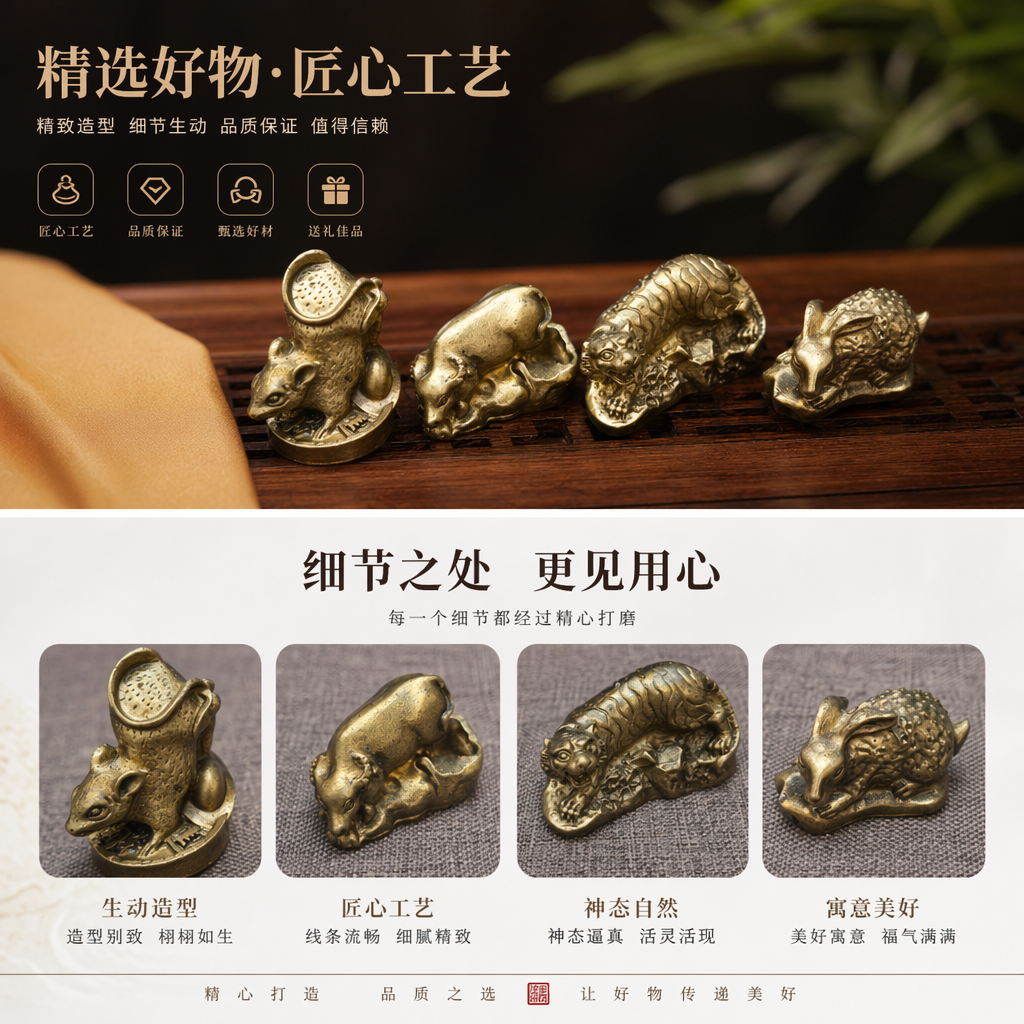 小号12生肖摆件全黄铜十二生肖鼠牛虎兔龙蛇马羊猴鸡狗猪铜器装饰品摆件详情1