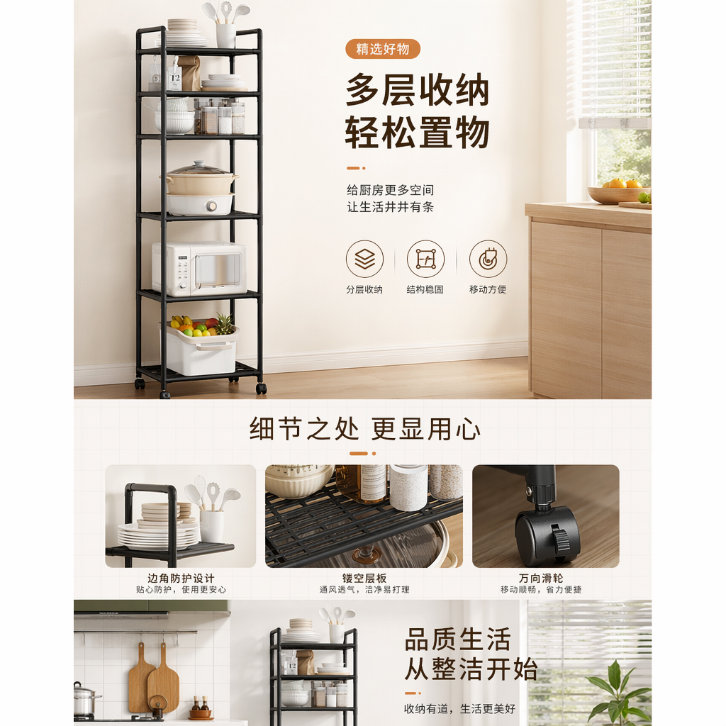 黑色金属置物架 多层收纳架 客厅卧室阳台通用承重耐用详情1