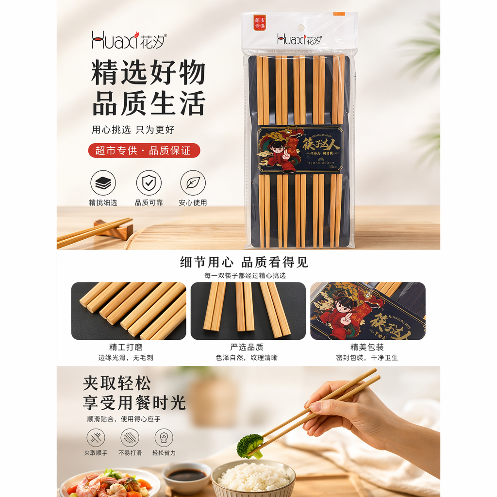 竹制环保筷子家用防滑加长款18cm双支装详情1