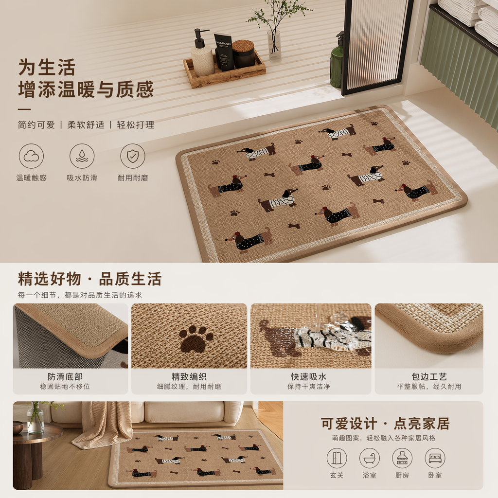 卡通腊肠犬图案浴室地垫防滑吸水速干家用卫生间脚垫详情1