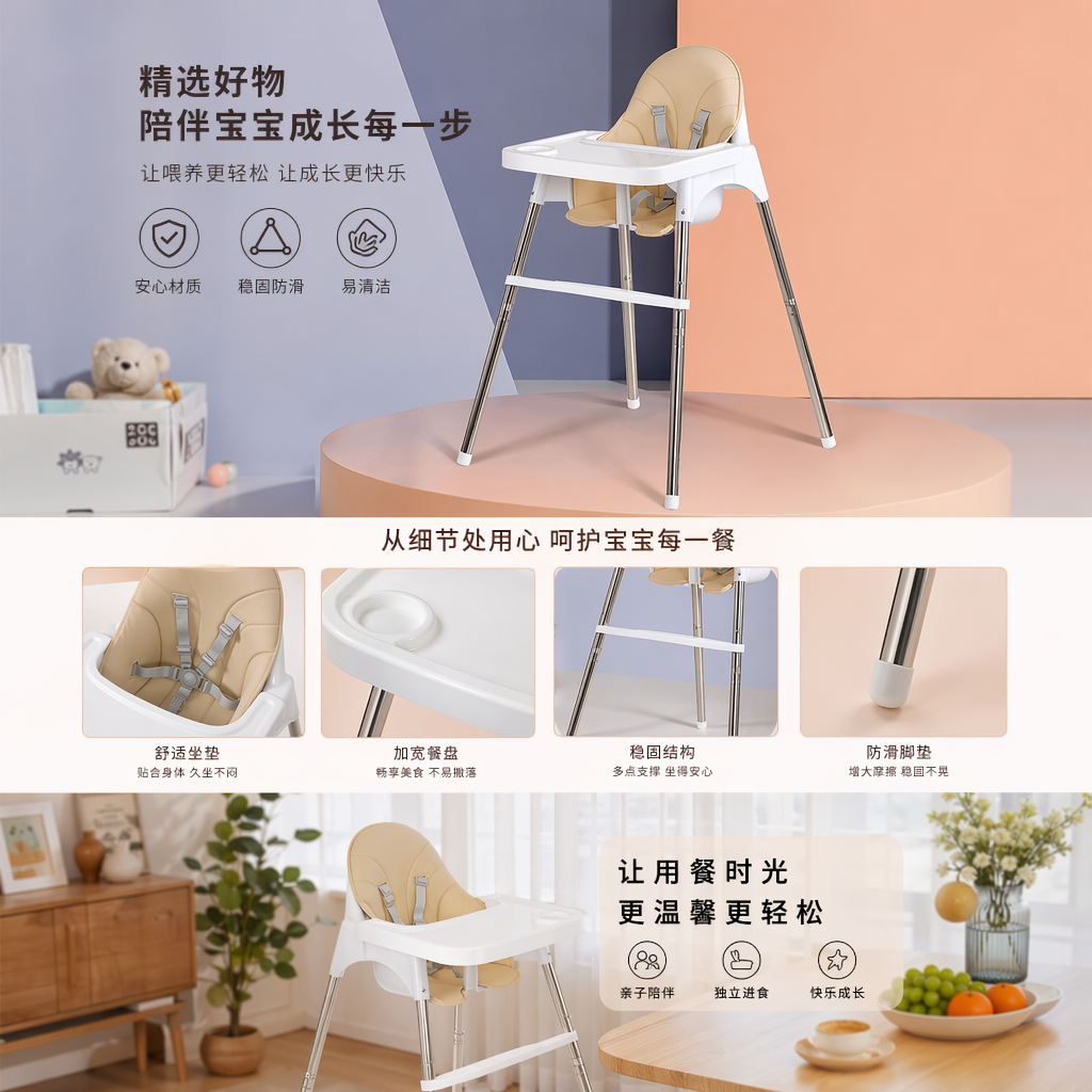 多功能儿童餐椅 可调节高低安全带宝宝吃饭座椅详情1