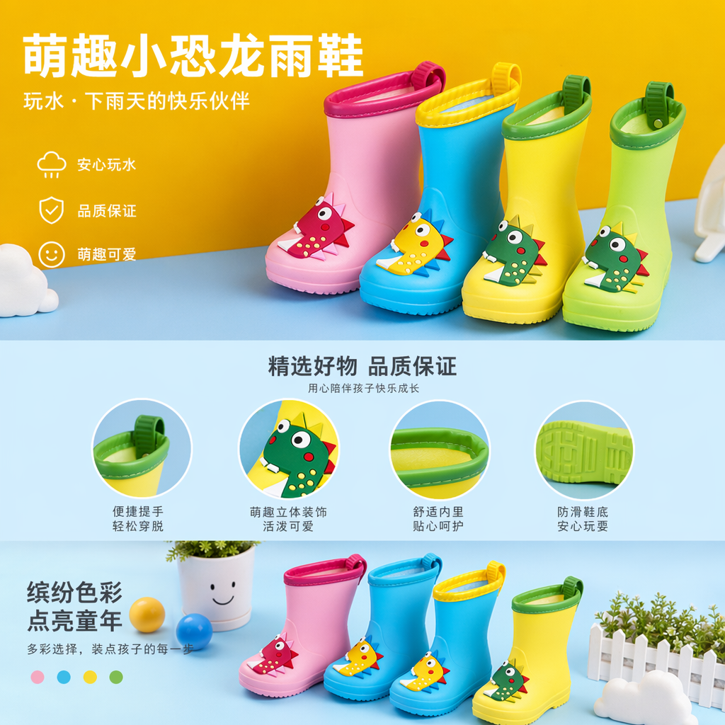 彩色恐龙图案儿童雨靴 防水防滑加厚保暖春秋款详情1