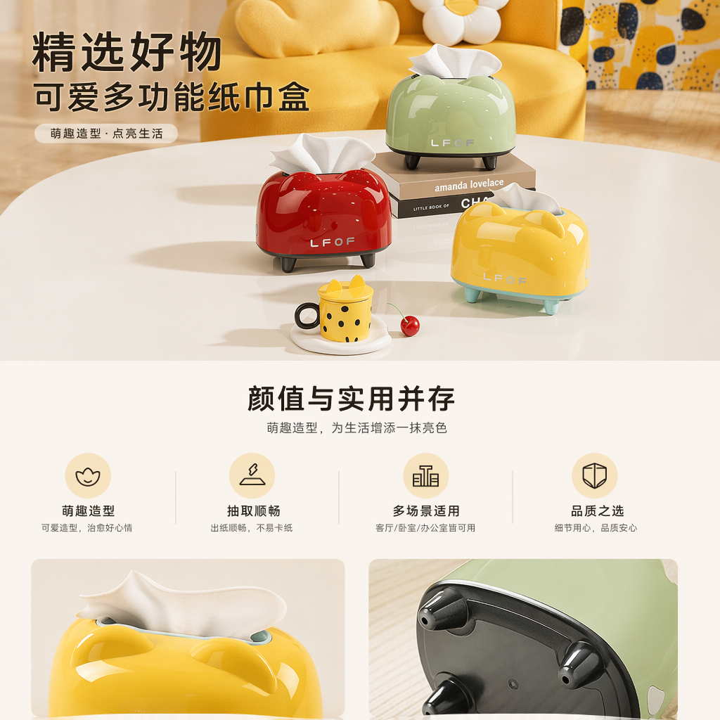 可爱造型纸巾盒 卡通创意桌面收纳盒 客厅卧室装饰摆件详情1