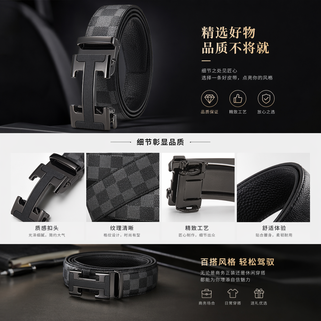 男士牛皮针扣皮带 3.8cm宽商务正装腰带详情1