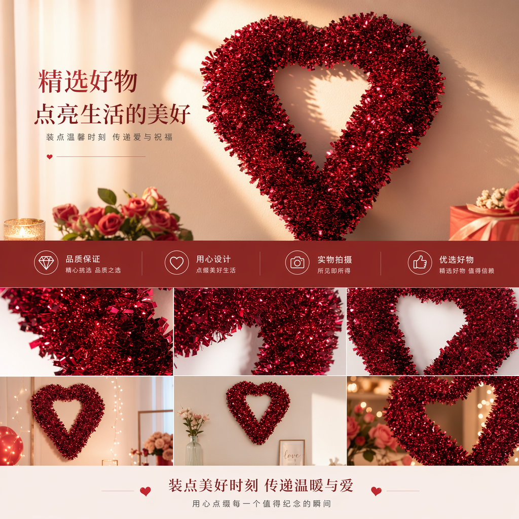 圣诞桃心花环圣诞装饰品爆款圣诞彩条喜庆玲珑圣诞详情1