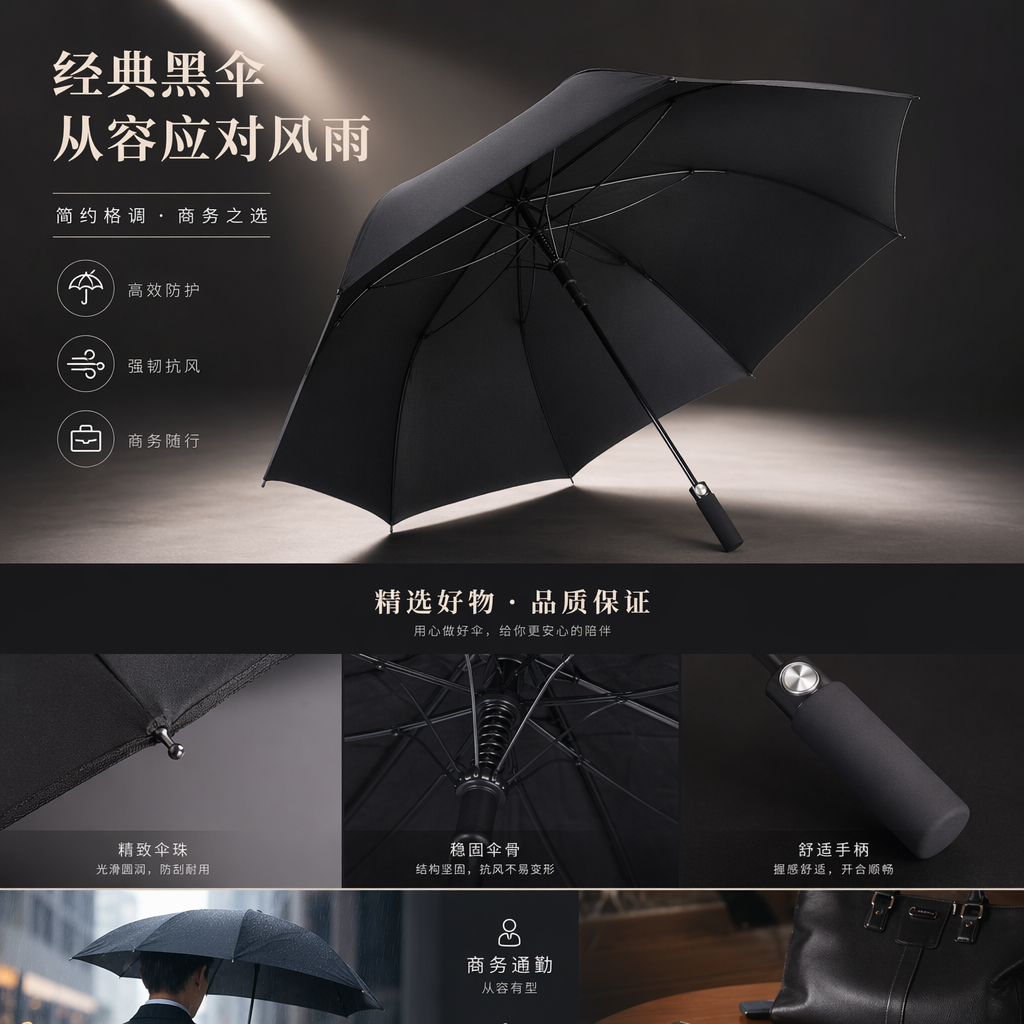 经典黑折叠雨伞 防水防晒便携晴雨两用详情1