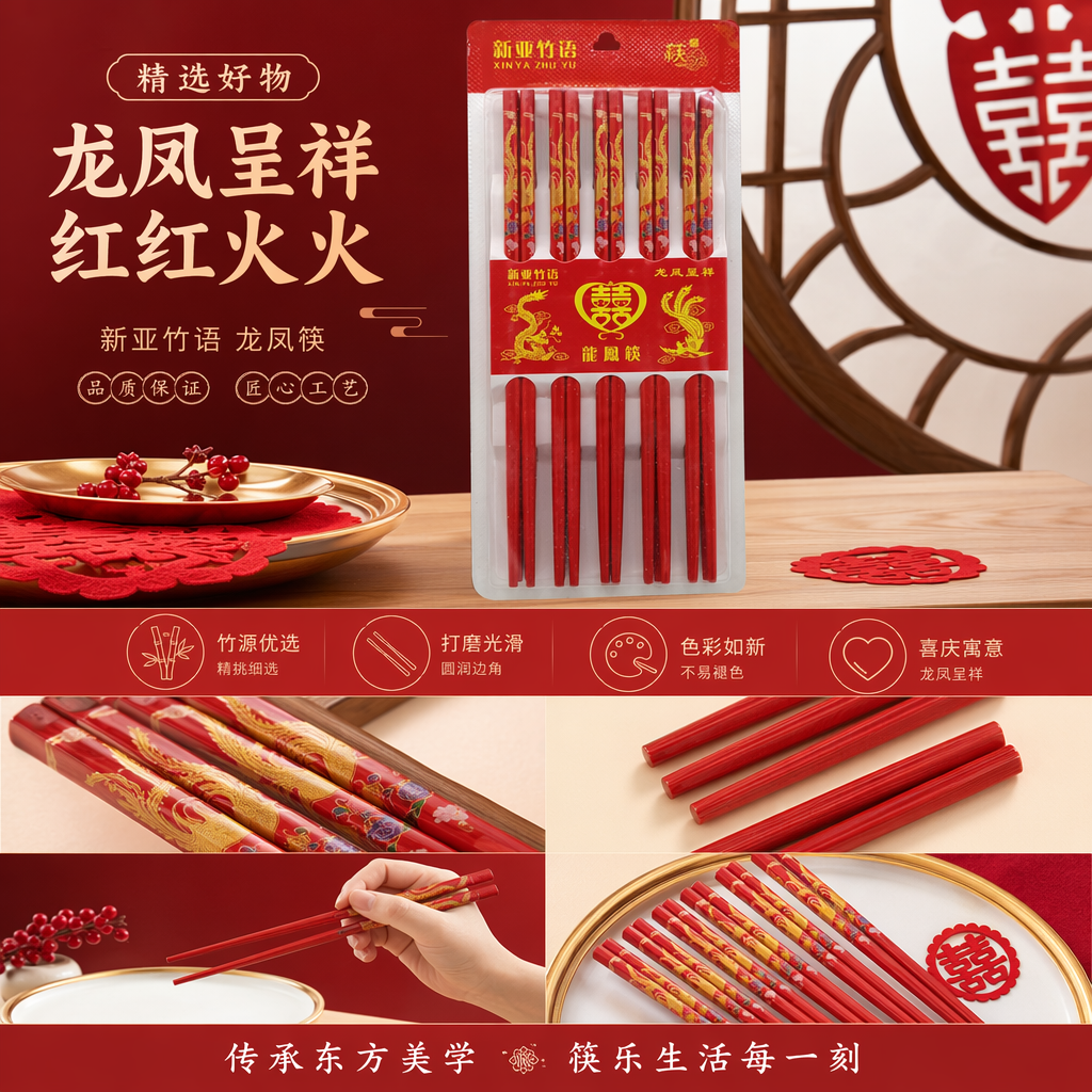 红色龙凤图案筷子套装 木质礼盒装 10双家庭用详情1