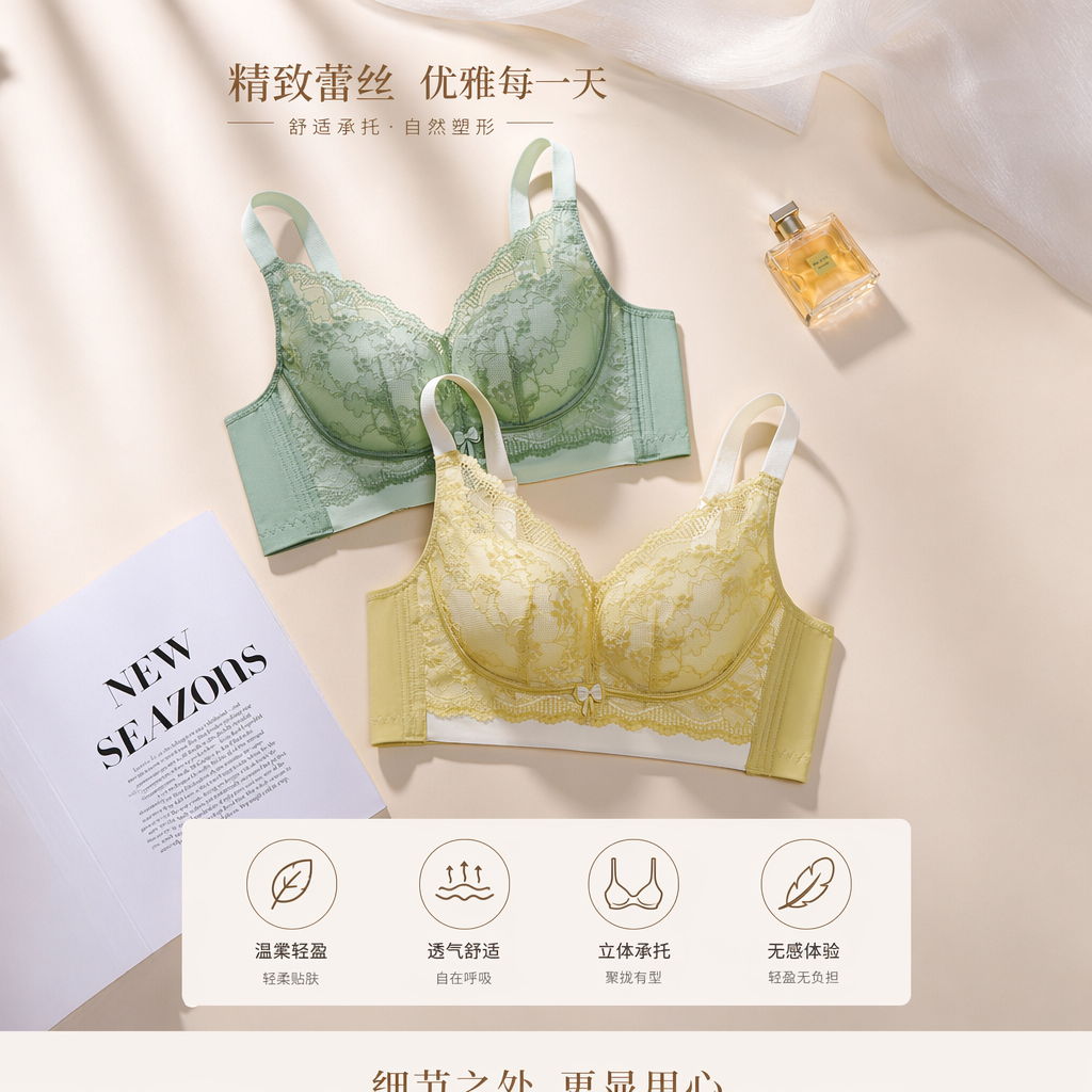 蕾丝文胸女士春夏款绿黄撞色无钢圈透气聚拢内衣详情1