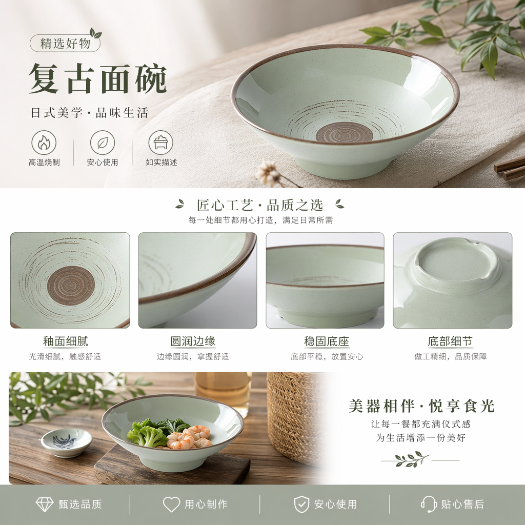 复古面碗 碗 陶瓷大容量家用日式简约汤碗盛面碗详情1