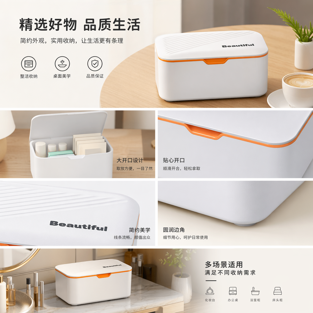 白色带橙色边框收纳盒主体详情1