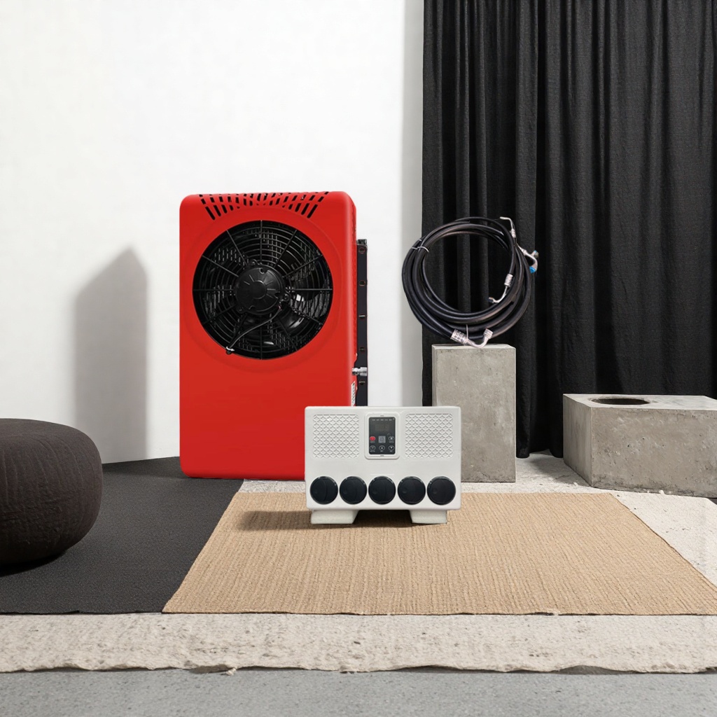 Suitable for RV, truck and cargo car parking air conditioning, 24V cooling, red backpack style indoor and outdoor units details Picture