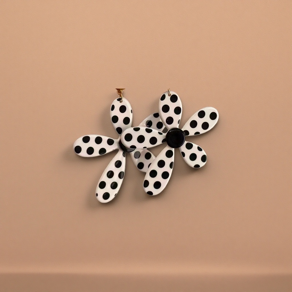 Black and white polka dot flower earrings, women's fashionable retro circular earrings, light luxury and niche design details Picture