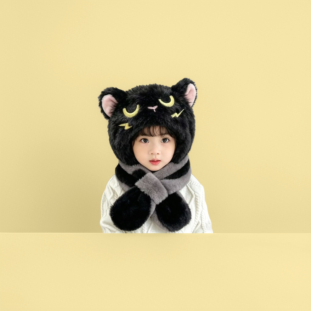 A cute black cat-shaped hat and scarf set for children details Picture