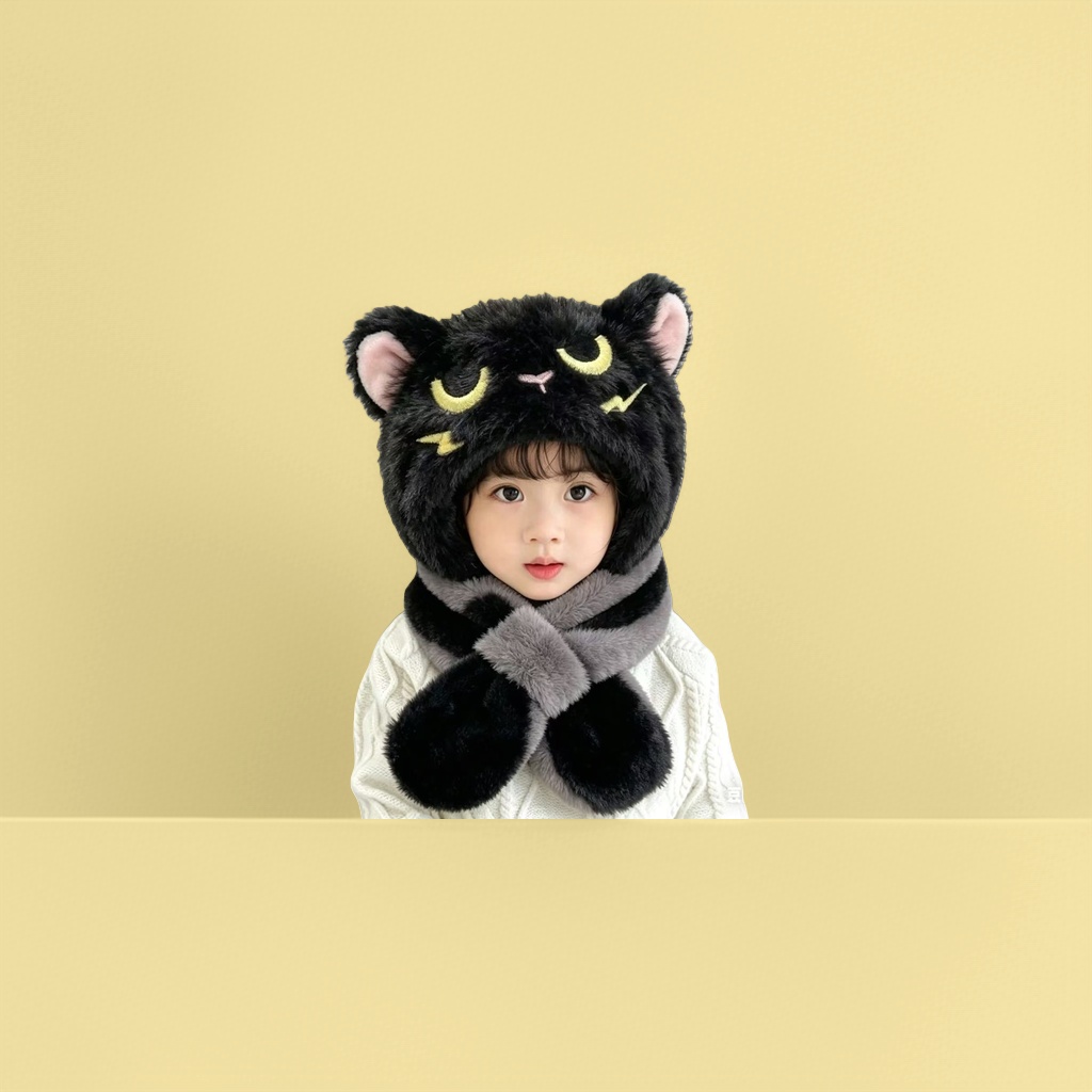 可爱儿童黑色猫咪造型帽子围巾套装