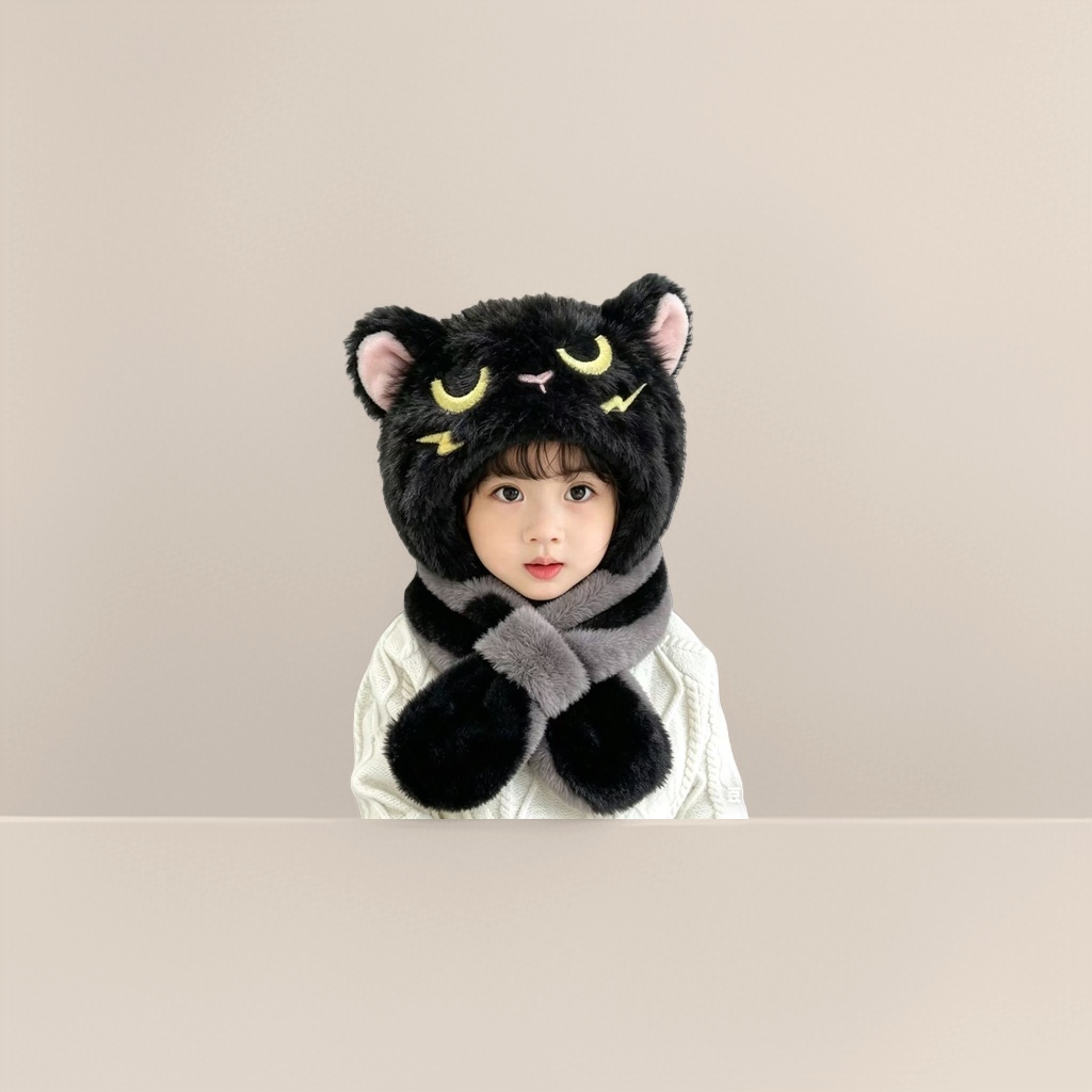 A cute black cat-shaped hat and scarf set for children Application Scenario
