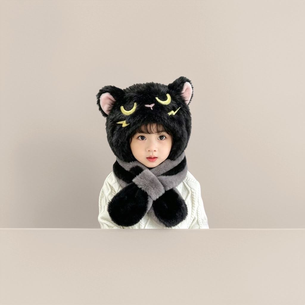 A cute black cat-shaped hat and scarf set for children Specification image
