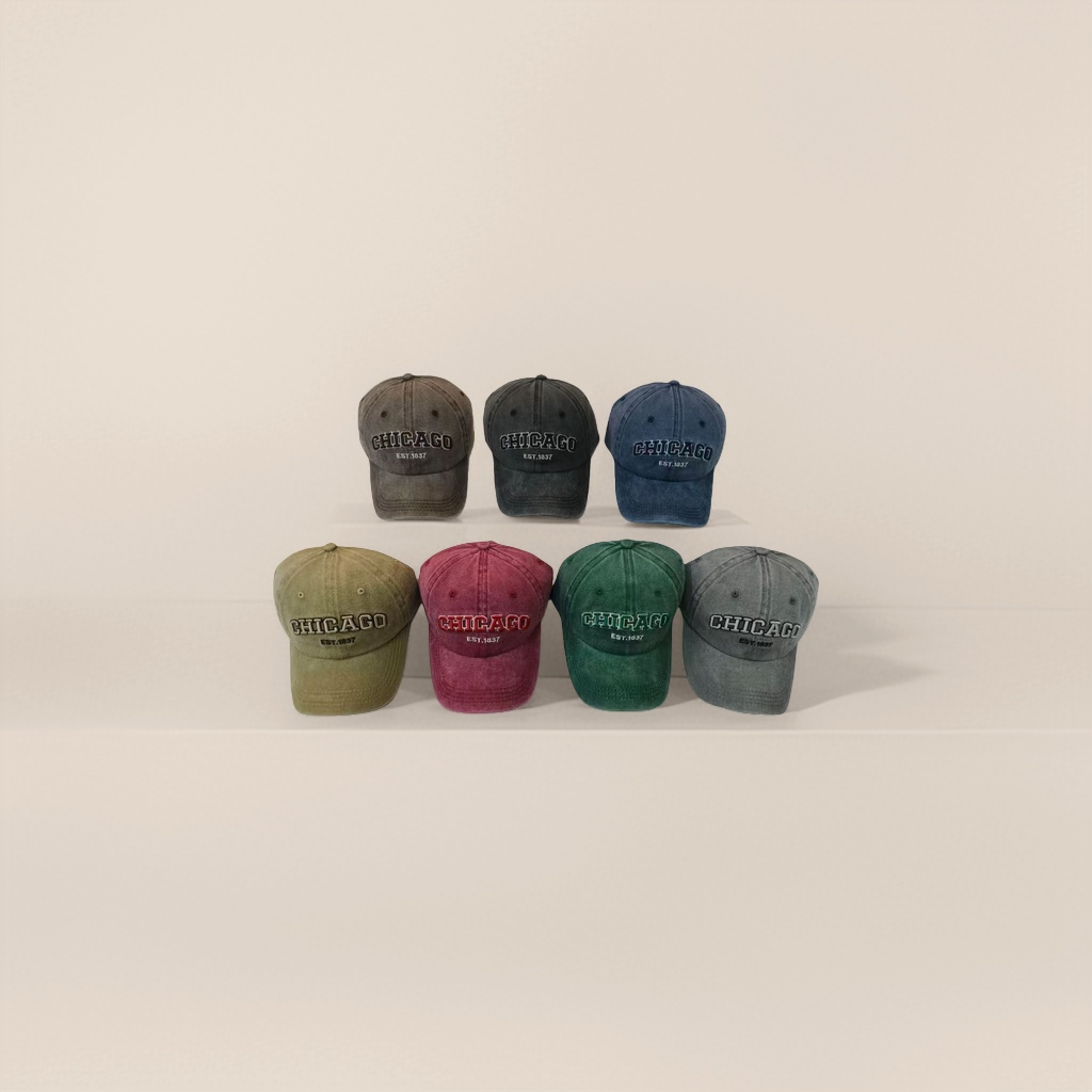 Multicolor retro-style Chicago 1837 baseball cap with seven colors: brown, black, blue, khaki, red, green and gray Application Scenario