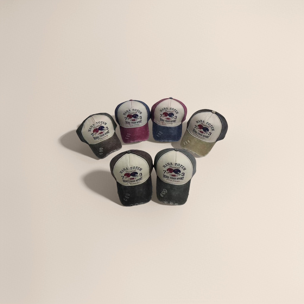 The retro-style MANA TOTEM baseball cap is a six-top set in dark grey, wine red, dark blue and light grey with an aged and worn design Application Scenario
