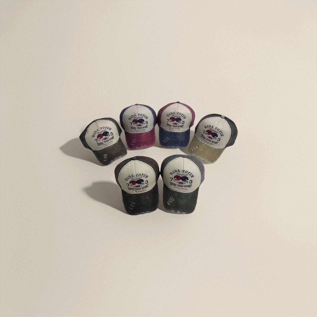 The retro-style MANA TOTEM baseball cap is a six-top set in dark grey, wine red, dark blue and light grey with an aged and worn design Specification image