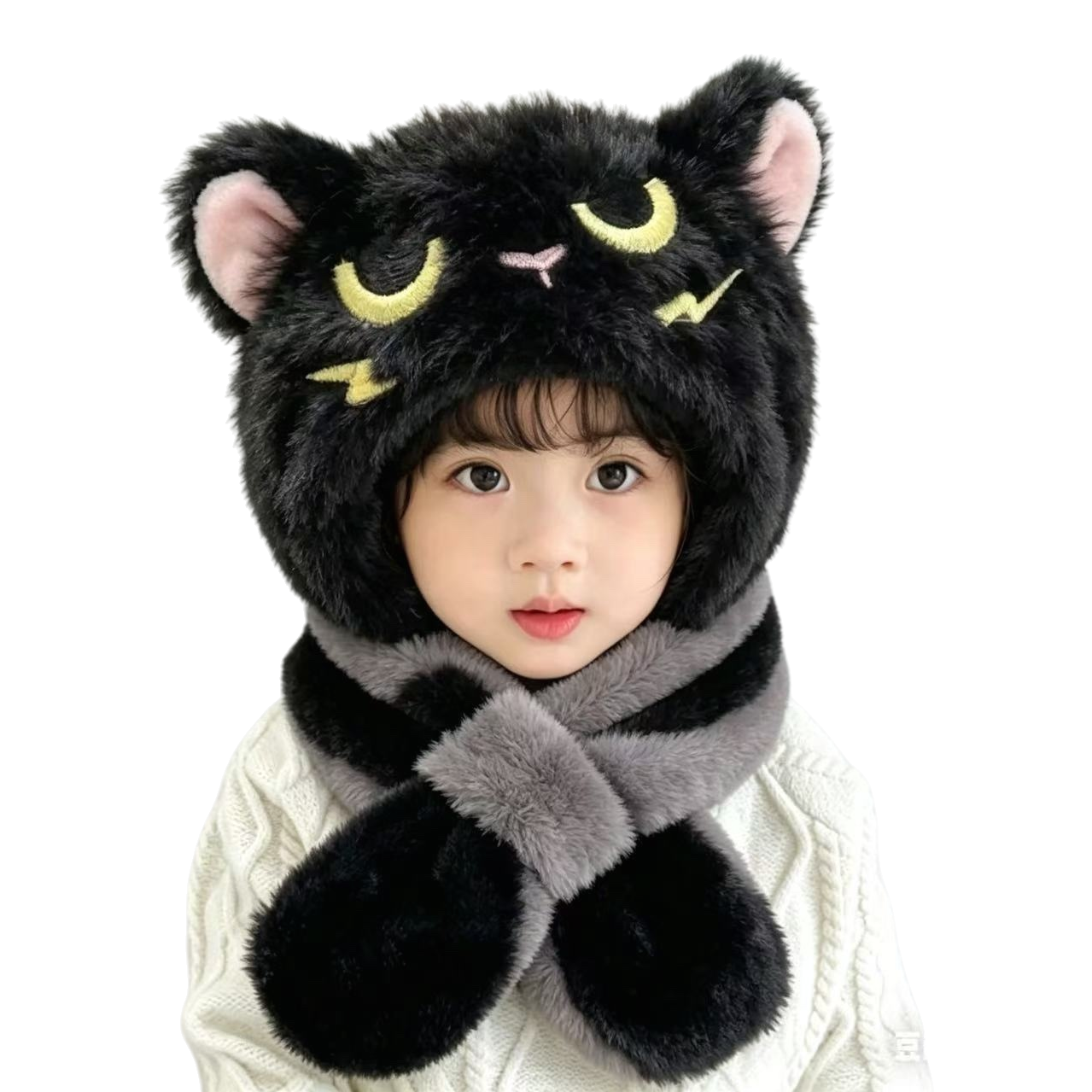 A cute black cat-shaped hat and scarf set for children Item Picture