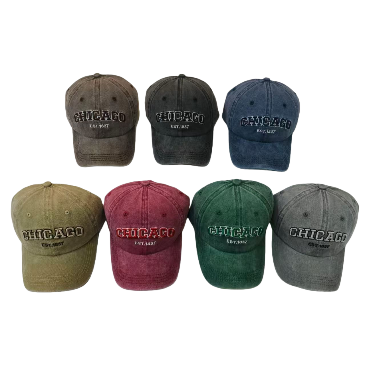 Multicolor retro-style Chicago 1837 baseball cap with seven colors: brown, black, blue, khaki, red, green and gray Item Picture