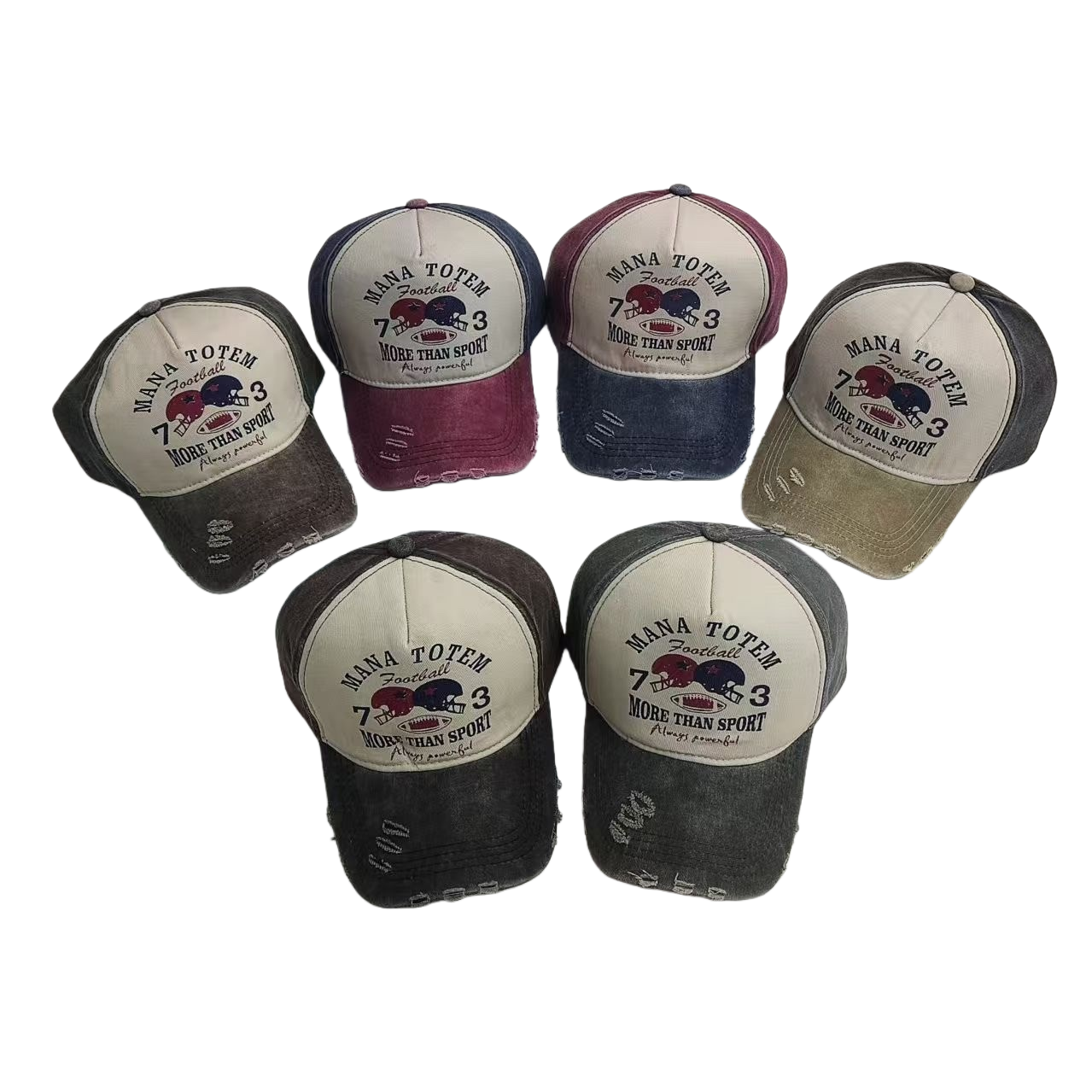 The retro-style MANA TOTEM baseball cap is a six-top set in dark grey, wine red, dark blue and light grey with an aged and worn design Item Picture