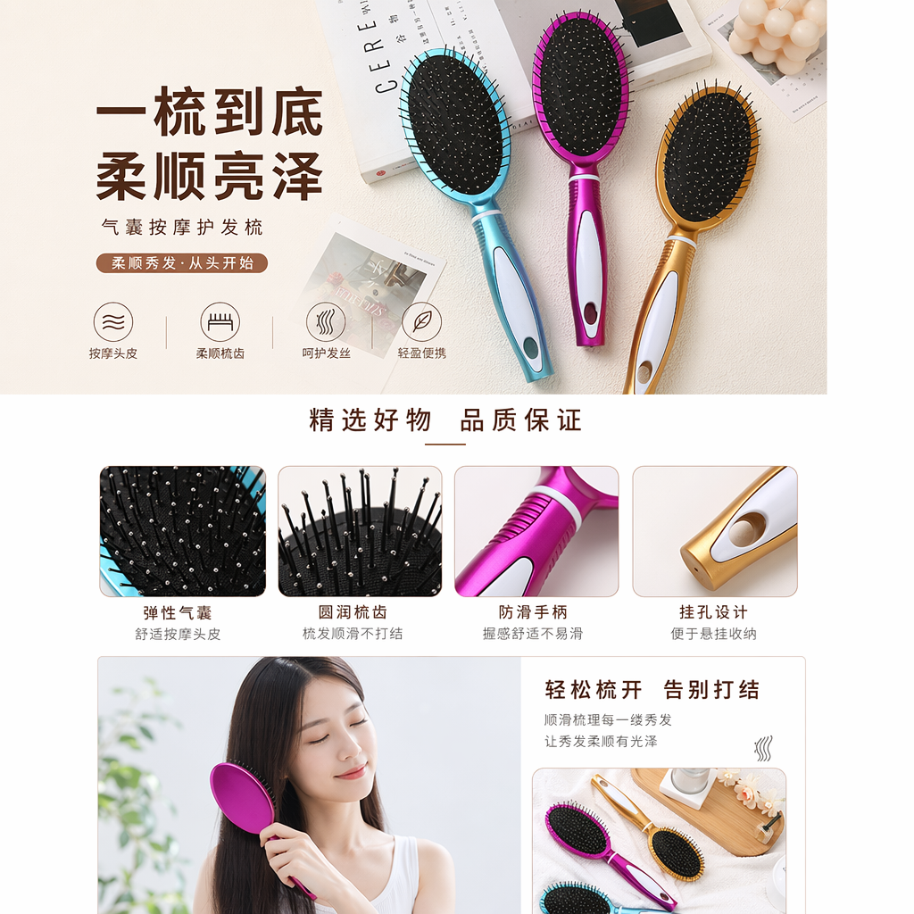 外贸梳子 批发美发造型气垫梳 钢针梳 塑料美发梳按摩女款家用梳详情1