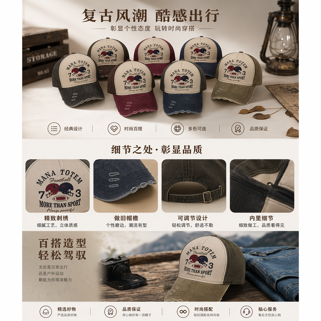 The retro-style MANA TOTEM baseball cap is a six-top set in dark grey, wine red, dark blue and light grey with an aged and worn design pic 1
